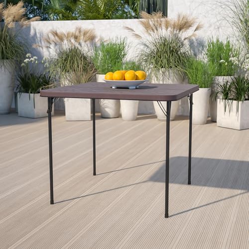 Flash Furniture Dunham 2.83-Foot Square Bi-Fold Brown Wood Grain Plastic Folding Table with Carrying Handle