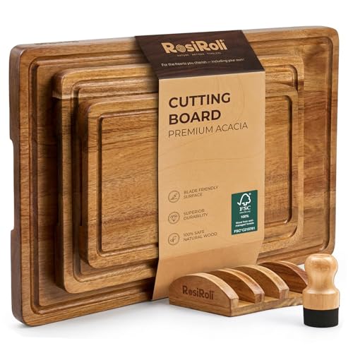 RosiRoli Acacia Wood Cutting Board for Kitchen, Set of 3 - Durable 1" Thick Chopping Boards with Juice Grooves & Handles f...