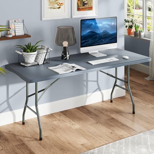 Folding Table, HDPE Portable Table with 6 ft Long Tabletop, Metal Frame Picnic Camping Table with Safe Lock, Collapsible D...