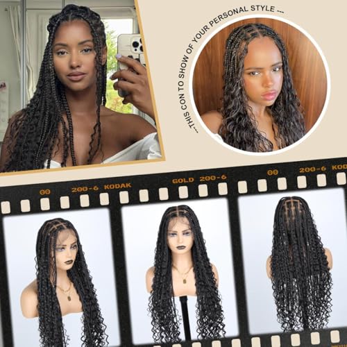 36 inch Knotless Boho Box Braid Wigs, 360 Single Full Lace Braided Curly Wigs for Black Women, Synthetic Black Braided Lace Wig