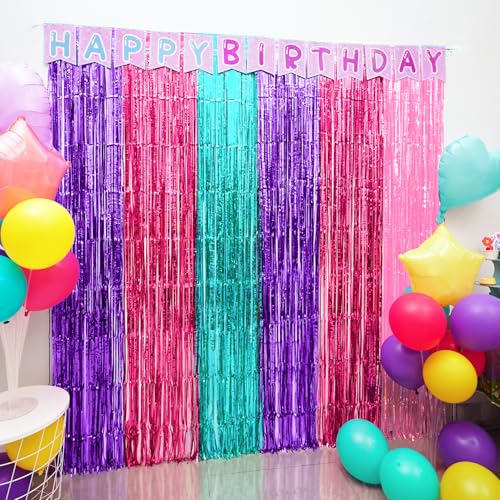 Cute Dollhouse Birthday Decorations, 4 Pack Dollhouse Party Photo Booth Prop, Purple Pink Teal Fringe Curtains Tinsel Phot...