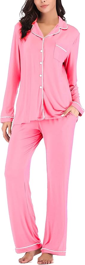 Aamikast Women's Pajama Sets Long Sleeve Button Down Sleepwear Nightwear Soft Pjs Lounge Sets