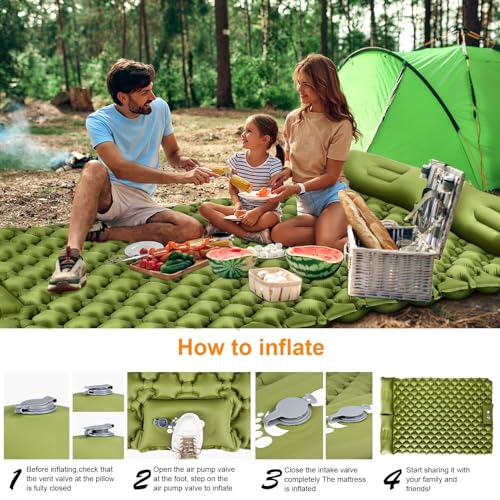 Double Sleeping Pad, Ultralight 4" Extra-Thick Self Inflating Sleeping Mat for 2 Person with Pillow Built-in Foot Pump Por...
