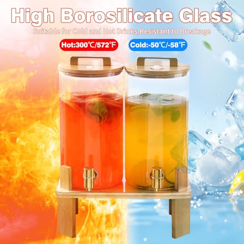 1.5 Gallon 2 PACK Glass Drink dispenser, Beverage Dispenser With Wood Stand, Lemonade Dispenser with Airtight Valve and St...
