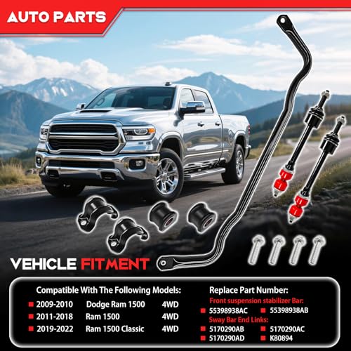 55398938AC Front Stabilizer Bar & K80894 Sway Bar Kit Compatible with 2009-2010 Dodge Ram 1500 2011-2018 Ram 1500 2019-202...
