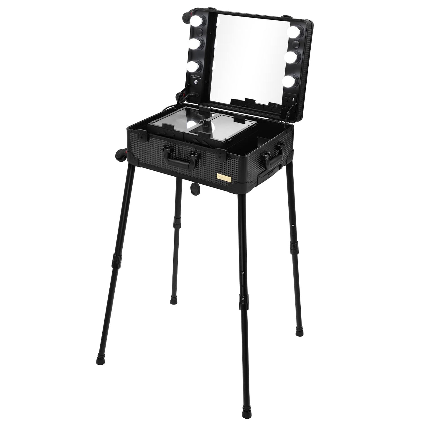 Tense Edano Aluminum Trolley Makeup Train Case with LED Lights Professional Cosmetic Organizer Studio with Speaker, Wheels and Stands Rolling Lighted Makeup Vanity Station for Travel (Black)