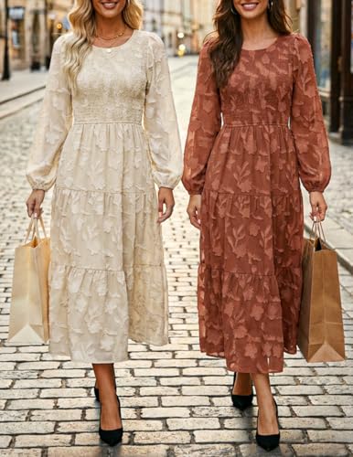 ZESICA Women's Fall Boho Floral Midi Dress 2026 Casual Long Sleeve Crewneck Flowy Wedding Guest Long Dresses
