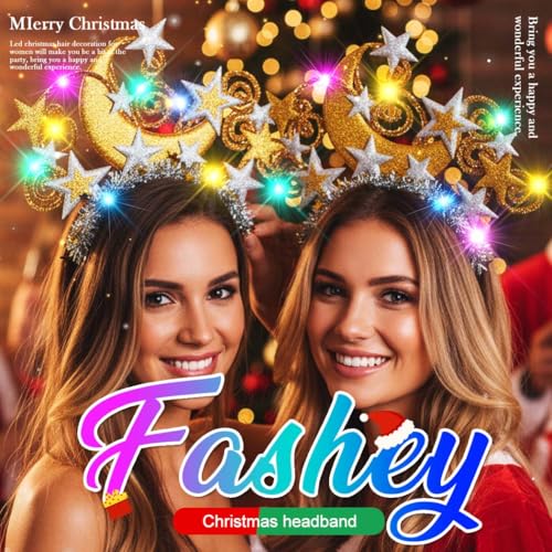 Fashey Light Up Star Headband Gold Moon Crown Led Christmas Headbands Holiday Hair Accessories for Women