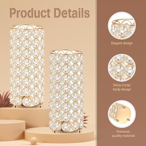 8 Pcs Gold Crystal Flower Vase and Pillar Candle Holder Set, 7.87" Metal Cylinder Stand for Wedding Table Centerpieces, Fl...