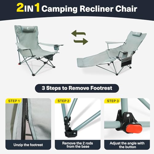 ARURU 2-in-1 Reclining Camping Chair, Portable Folding Beach Lounge Chair with Footrest & Adjustable Backrest, Comfortable...