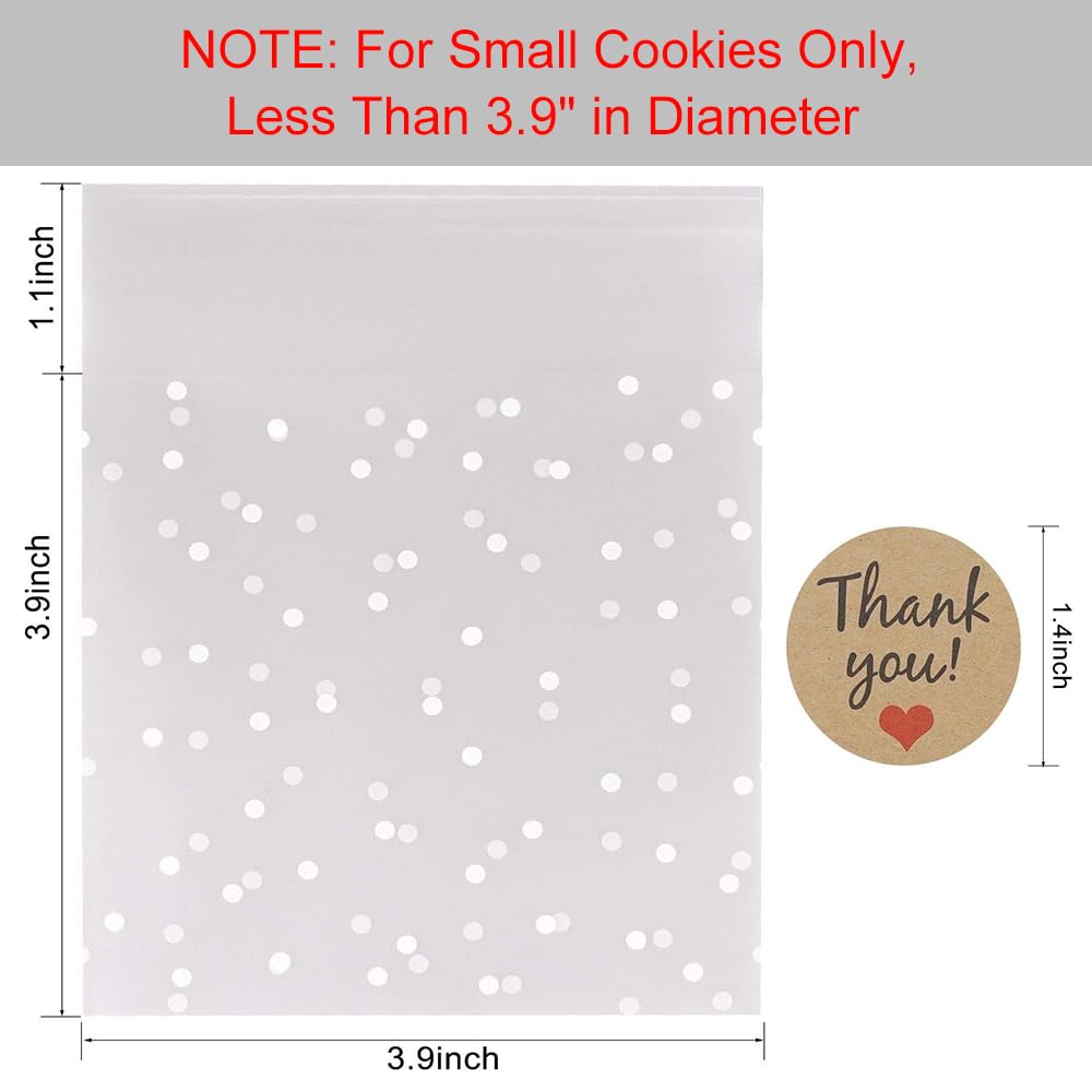 FLYTT Self Adhesive Cookie Bags, White Polka Dot Individual Resealable Cellophane Treat Bags with Thank You Stickers for Gift Giving (3.9''x3.9'', 100 Pcs)