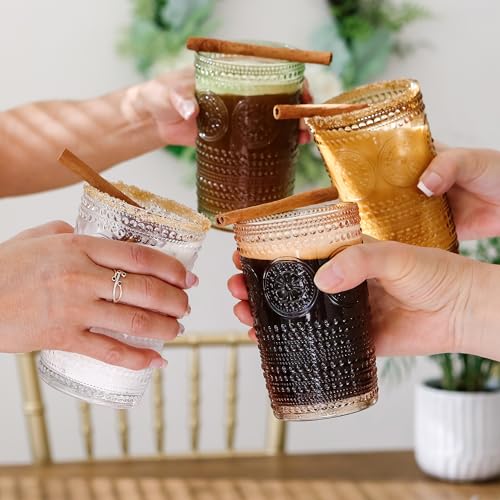 Hobnail Beaded Floral Amber Drinking Glasses Set of 6, (13 oz) Vintage Glassware Set by Kate Aspen| Cocktail Glass Set, Ju...