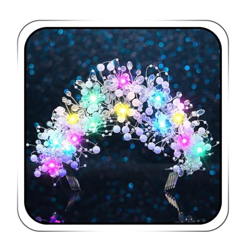 JEAIRTS Light Up Beaded Crown Headband Silver Glow Bridal Pearl Headpiece Flashing Costume Prom Hair Accessories for Women