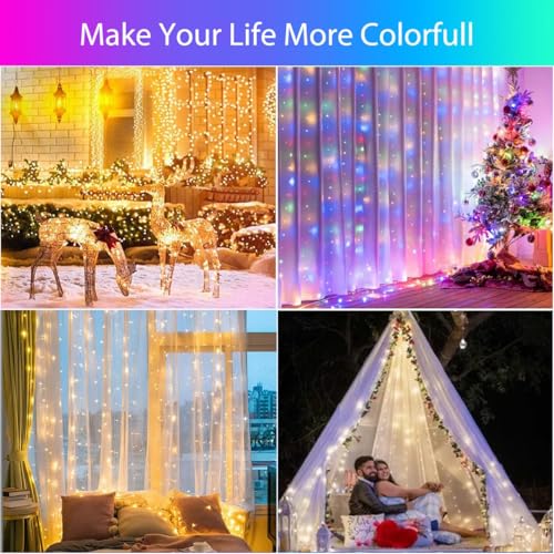 YOOWARM LED Curtain Light,10ft x 10ft 300 LED RGB Christmas Lights,USB Color Changing String Fairy Lights Curtain with Sma...