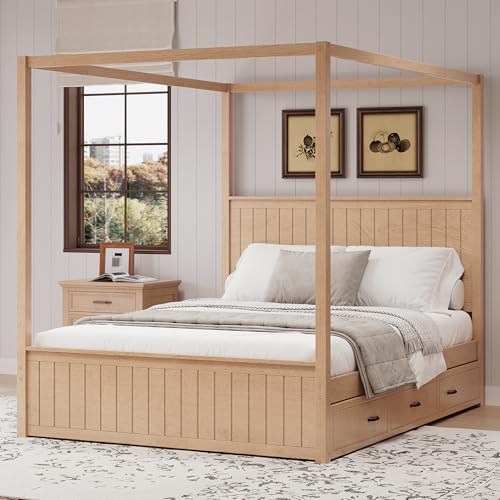 VilroCaz Modern Queen Size Canopy Platform Bed with Trundle and 3 Storage Drawers, 4-Poster Solid Wood Bed Frame with Chan...