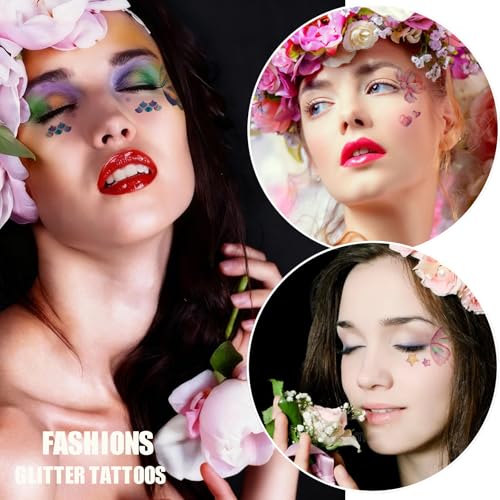 14 Sheets Glitter Butterfly Temporary Tattoos Sticker for Women Girls Eye Face Makeup Decoration, Flash Fairy Body Art Shi...