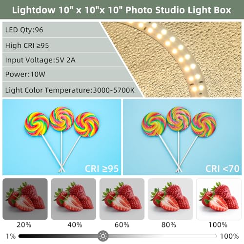 Lightdow 10"x10"x10" Photo Studio Light Box Photography with 96 LEDs (CRI>95), 6 Backdrops - Portable/Dimmable/Versatile F...