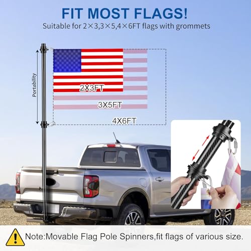2 Set Real Carbon Fiber Truck Flag Pole, 6 Ft x 1.25 Inch Heavy Duty Flag Pole for Truck, for Pickup Trucks, RVs, SUVs,Black
