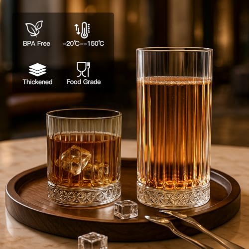 Ruckae Drinking Glasses Set of 8,15 oz and 7 oz Kitchen Water Glass Cups Set,Clear Ribbed Glassware Dishwasher Safe,Mixed ...