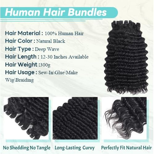 Deep Wave Human Hair Bundles 16 18 20 Inch Curly Human Hair 3 Bundles 100% Unprocessed Brazilian Virgin Deep Curly Bundles For Black Women Quick Weave Wet And Wavy Natural Black