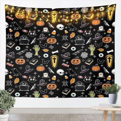 Cartoon Halloween Tapestry,Black Bat Spider Print Wall Hanging Art Pumpkin Lantern Wall Blankets Gothic Style Poster Tapestries for Kids Teens Girls Boys Bedroom Decor,70.9x92.5