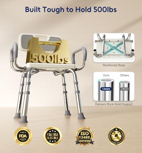 Bluelog FSA & HSA Eligible Shower Chair for Inside Shower with Arms and Back, 500lbs Capacity Height Adjustable Shower Sea...