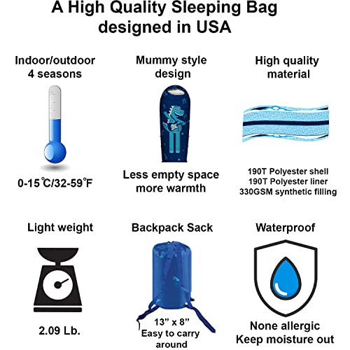Adjustable Length Mummy Style Kids Sleeping Bag with Pillow Sleeve, 4 Season 32 – 59F, Lightweight and Backpacking Style, ...