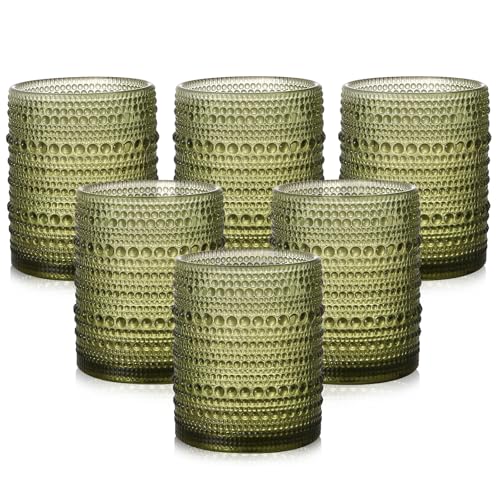 ZMOWIPDL Vintage Glassware Drinking Glasses Set of 6,12 oz Hobnail Glass Cups,Embossed Green Water Tumbler,for Beer,Cockta...