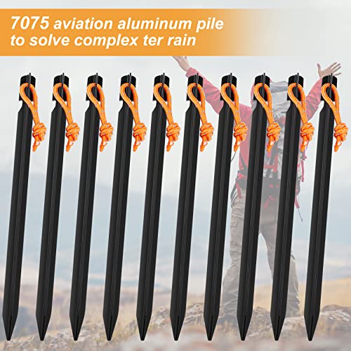 10 Pack Heavy Duty Aluminum Tent Stakes with Reflective Pull Ropes, Triangular Ground Pegs