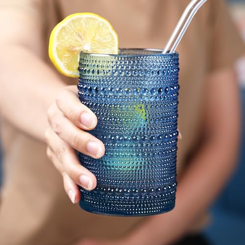 KMIGRUAN Large Hobnail Drinking Glasses Set of 6,15oz Blue Vintage Glassware,Embossed Glass Cups,Water Tumbler,Highball Gl...