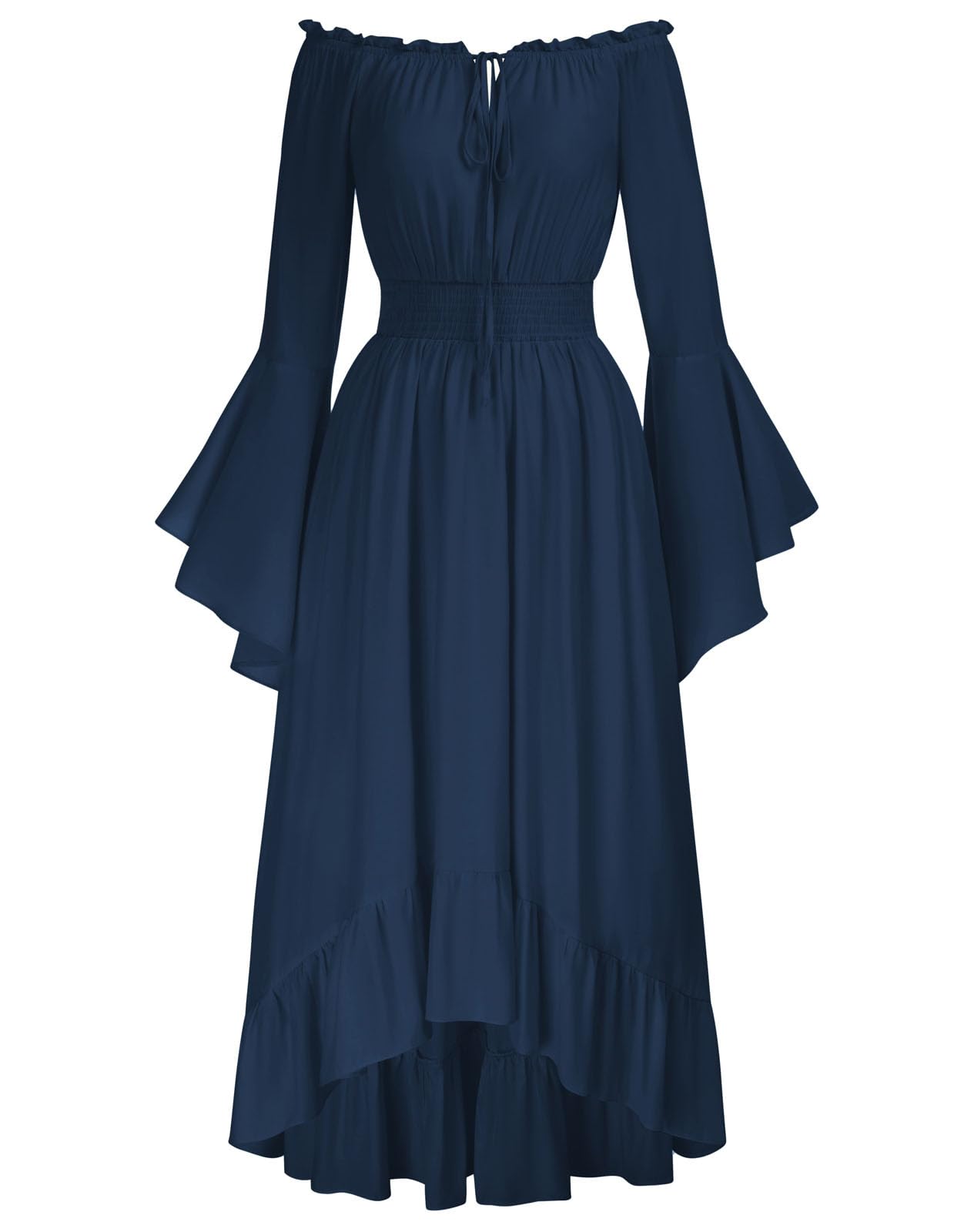 Scarlet Darkness Renaissance Costume Women Smocked Wasit Peasant Ruffled Flowy Dress Navy Blue XXL