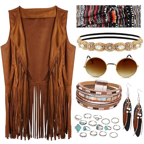 FEYIR 60s 70s Outfit for Women Hippy Accessories Fringe Hippie Vest Clothes for Halloween Disco Party Hippie Costume Set