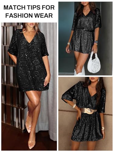 MIYIEONZ Women's Crew Neck Sequin Dress for Women Sexy V Neck Shirt Dress Sparkly Half Sleeve Loose Party Club Cocktail Dress