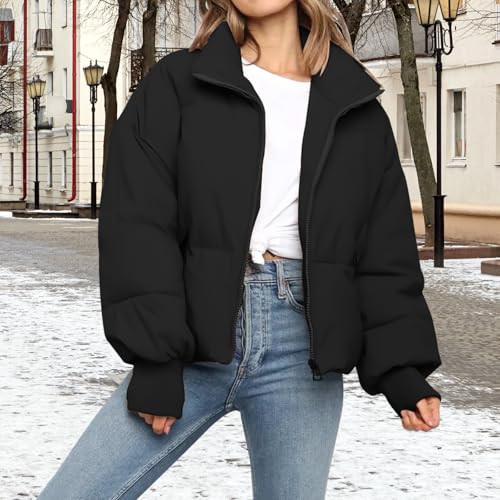 Women’s Winter Cropped Puffer Jacket Coat Casual Quilted Baggy Long Sleeve Zip Down Jackets Outerwear