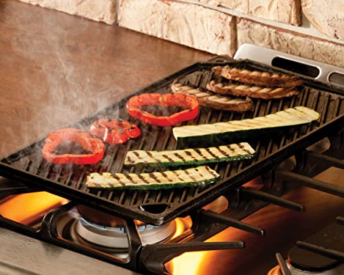 Lodge Reversible Cast Iron Grill/Griddle – 9.5 x 16.75 Inch Pre-Seasoned Cooking Surface – Flat & Ribbed Sides – Use on St...