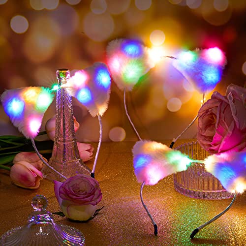 Juexica Light up Cat Ear Headband LED Kitty Ear Furry Cute Headbands Glow for Party Concert Night Clubs Birthday Cosplay