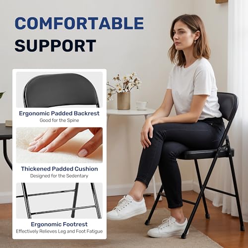 Simple Deluxe 4 Pack Folding Chairs with Padded Leather Cushion Seats & Durable Metal Frame, Comfortable, Foldable, Portab...