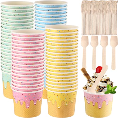 Ninehaoou 100 Pack Paper Ice Cream Cups with Spoons Paper Dessert Cups Colorful Sundae Bowls Disposable Ice Cream Containe...