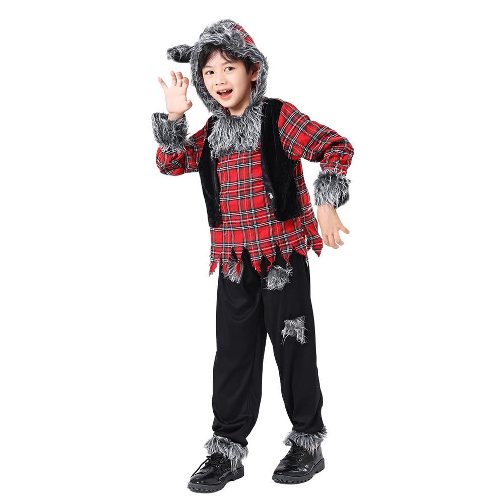 Biutiufiu Wild Wolfie Costume Hungry Howler Werewolf Halloween Costume for Boys Big Bad Wolf Dress Up Party (7-8 Years,Wolf)