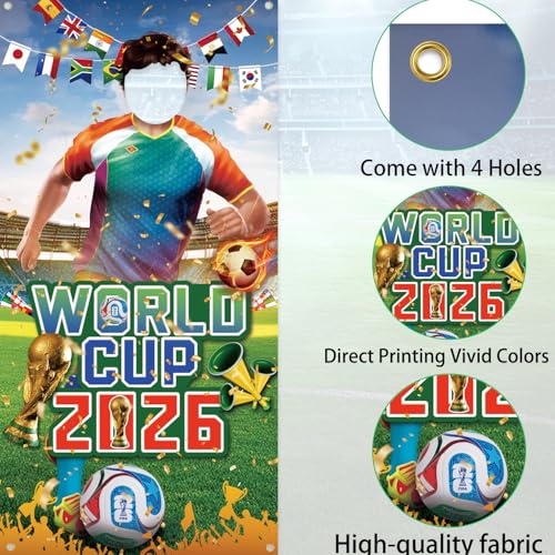 2026 World Cup Photo Banner 71x35 Inches 2026 Soccer Player Cutout Backdrop with Face Hole for World Cup Soccer Party Deco...