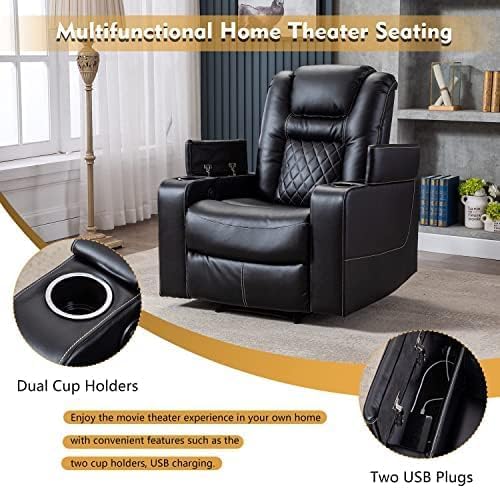 CANMOV Electric Power Recliner Chair Set of 5, Breathable Leather Home Theater Seating with Hidden Arm Storage, Power Recliner Chair for Living Room with USB Ports and Cup Holders,Black