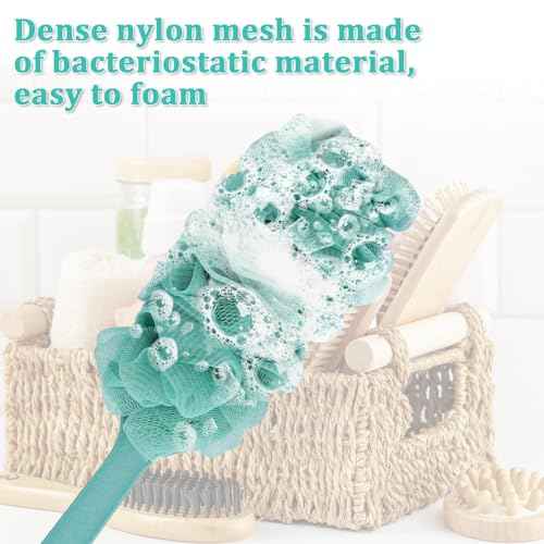 2Pack Back Scrubber for Shower Loofah with Long Handle, Shower Brush for Body, 17¡È Loofah on a Stick for Men Women Bathing Accessories, Scrubber Sponge for Exfoliating Bath Brushes (Beige & Green)