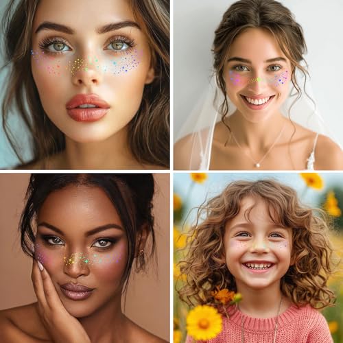 18pcs Holographic Multicolor Glitter Freckles Face Tattoo Waterproof Sparkle Freckle Temporary Tattoo Rainbow Pride Makeup...