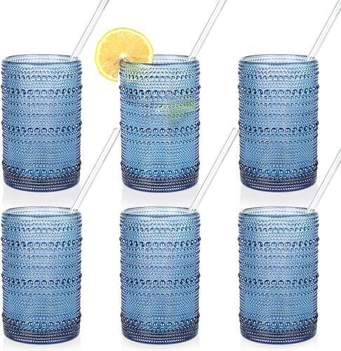 KMIGRUAN Large Hobnail Drinking Glasses Set of 6,15oz Blue Vintage Glassware,Embossed Glass Cups,Water Tumbler,Highball Gl...