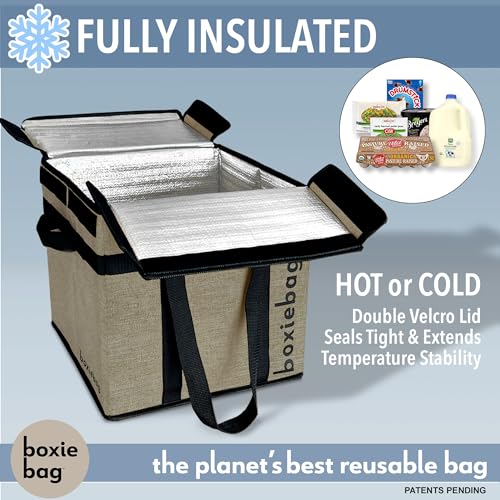 Boxiebag Reusable Grocery Bag (Single) – Durable Reusable Shopping Bag Box. Insulate, Stand Up, Stay Open, Fold Flat – Lar...
