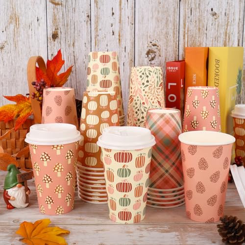 FYSUIMU 120 Sets Boho Fall Disposable Coffee Cups with Lids 16Oz Pumpkin Leaves Mushroom Drinking To Go Cup 6 Designs Pape...