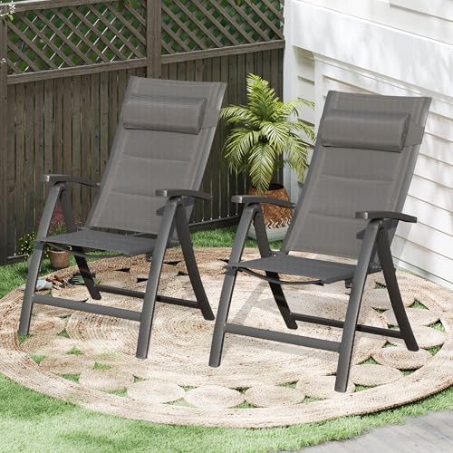 Domi Patio Folding Chairs Set of 2, Outdoor Reclining Camping Chairs Set with Moveable Headrest, Aluminum Frame Outdoor Po...
