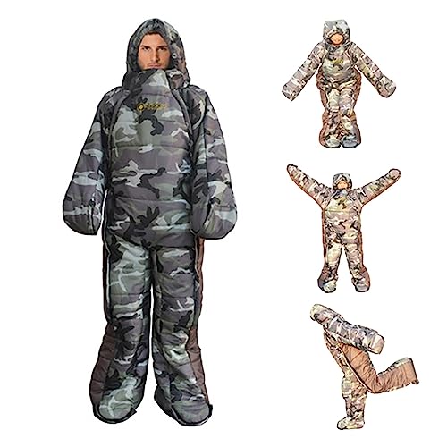 72" Large Wearable Human Sleeping Bag Zipped Foot Opening Design Free Size Ultralight Hoodie Quilted Warm Thermal Coat for...
