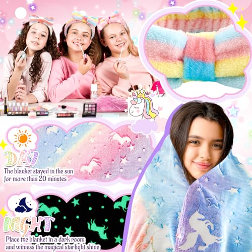 Fanfanwin 18 Pcs Sleepover Party Supplies, 6 Glow in The Dark Unicorn Blanket 6 Coral Fleece Headband 6 Plush Eye Mask Cov...