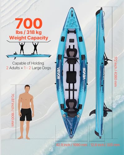 VEVOR 2-Person Inflatable Kayak, 14'4" x 3'7" – Extra Spacious for Family & Dogs, 700-lb Capacity Sit-in Kayak with Access...